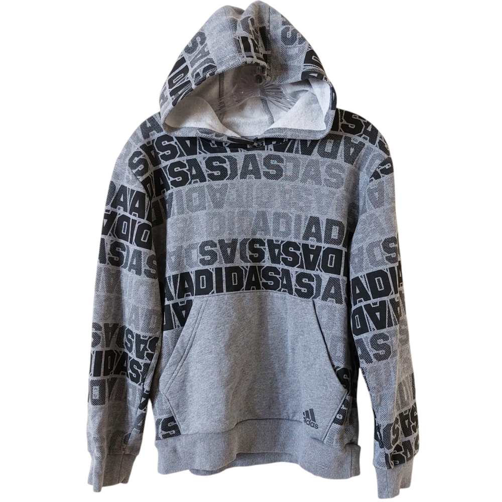 Adidas Kids Boys Grey & Black Logo Text Pull Over Outdoor Hoodie with Pocket